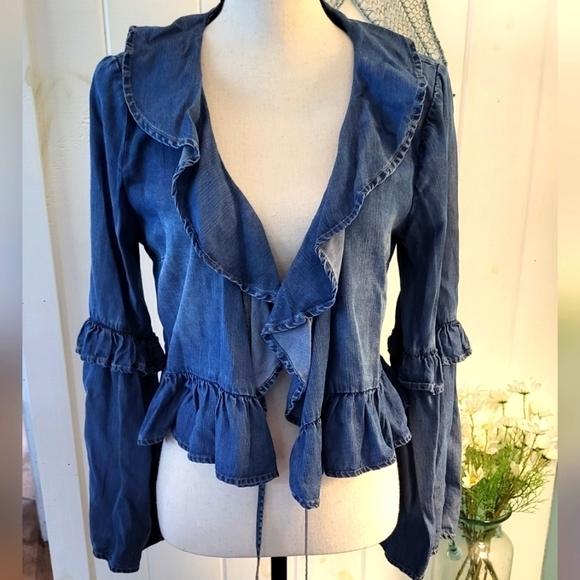 Chambray Ruffle Bohemian Crop Tie Blouse Size Large - Picture 1 of 10